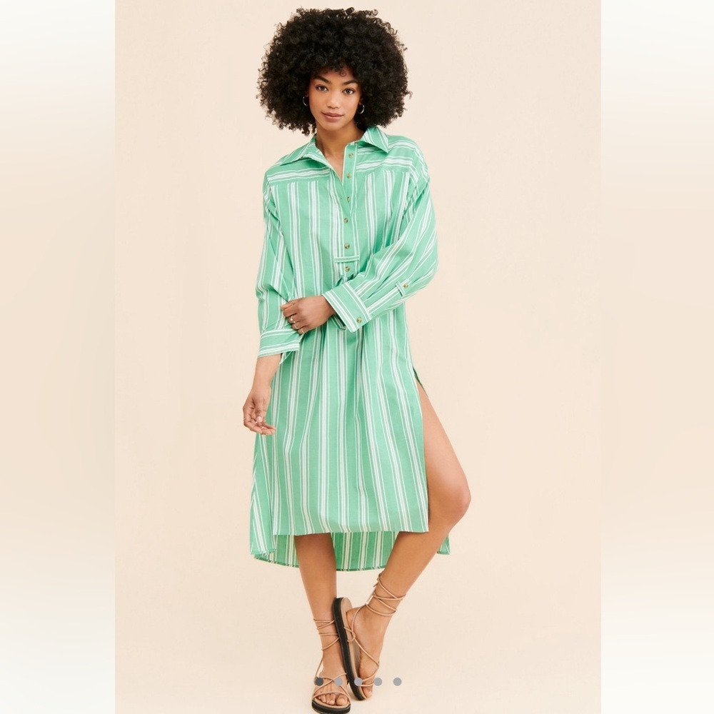 Anthropologie Striped Shirt Dress XXS/XS Green White Midi High Low